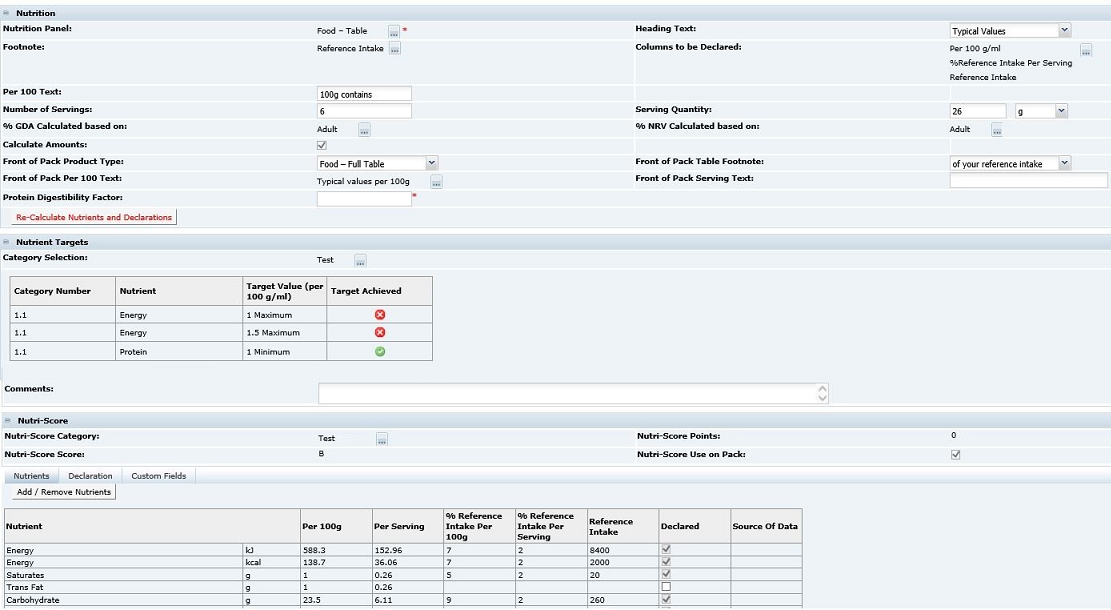 This figure shows the Food Specification Nutrition page for EU. This figure shows the Food Specification Nutrition page for EU.
