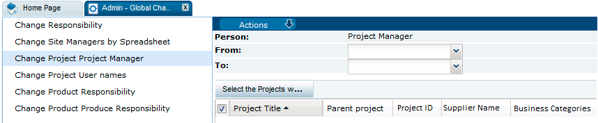 This figure shows the Change Project Project Manager page.