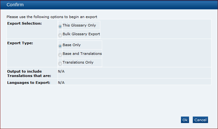 This figure shows the Glossary Export dialog box.