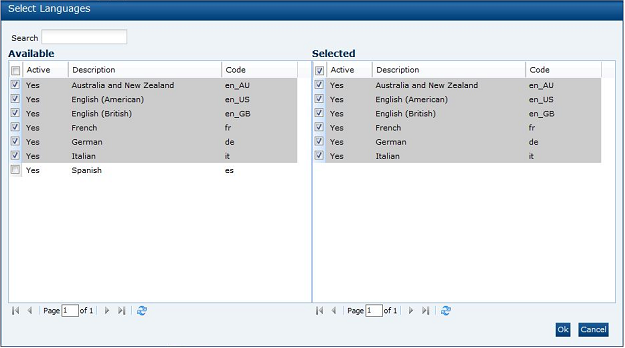 This figure shows the Snapshot Select Languages dialog box.