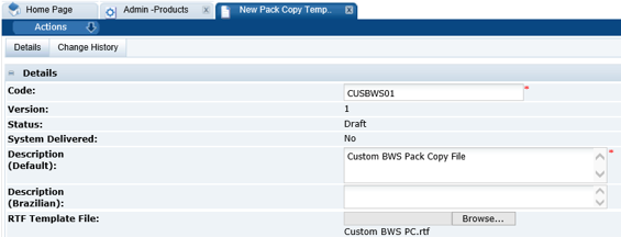 This figure shows the Pack Copy Template Details page.