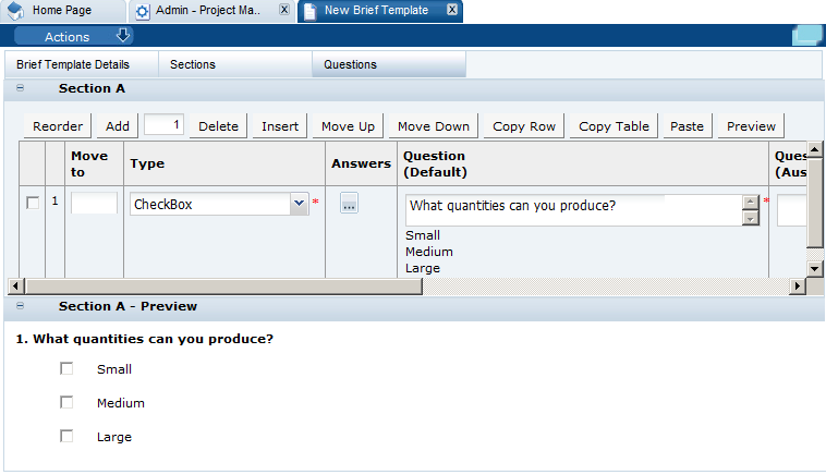 This figure shows the New Brief Template Questions page.