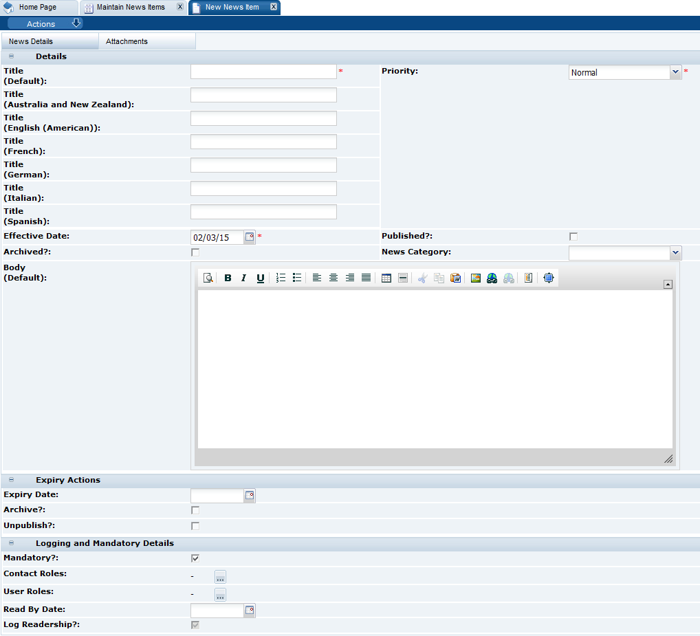This figure shows the New News Item tab.
