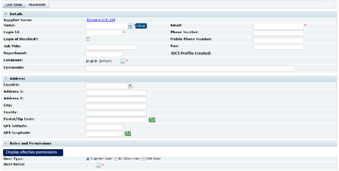 This figure shows the New User page for a Supplier user. This figure shows the New User page for a Supplier user.
