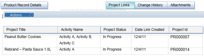 This figure shows Links to Projects within a Product Record. This figure shows Links to Projects within a Product Record.