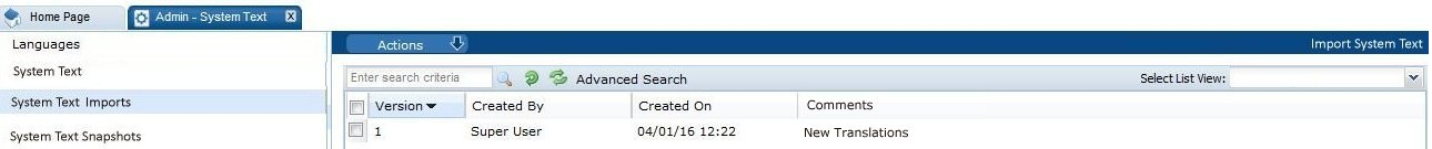 This figure shows the System Text Imports page.