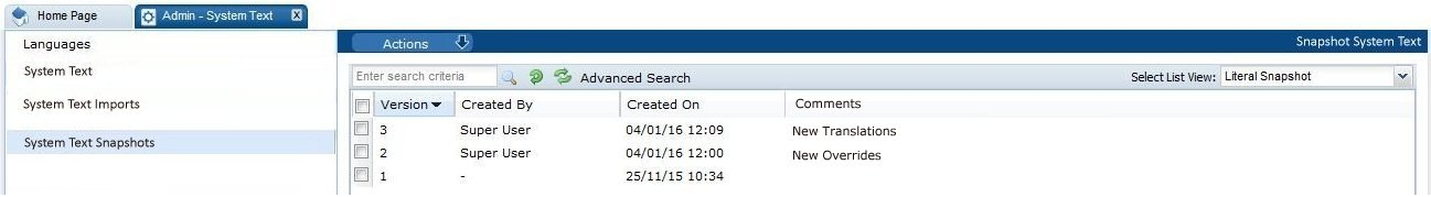 This figure shows the System Text Snapshots page.