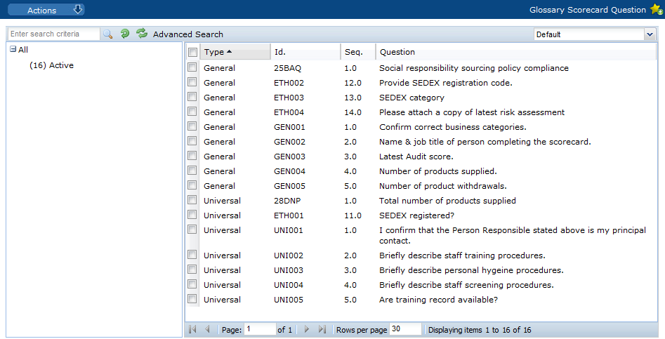 This figure shows the Glossary Scorecard Question page.