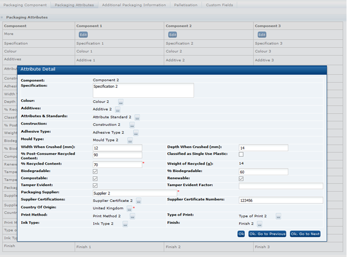 This figure shows Food Specification Adv Packaging dialog.