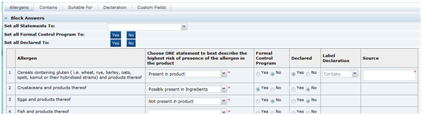 This figure shows the Food Specification Allergens page.