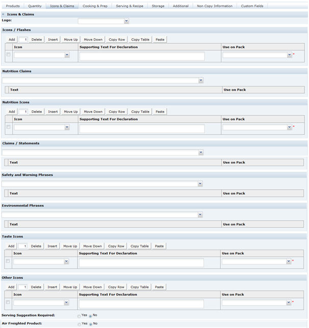 This figure shows the Food Specification Icons & Claims page.