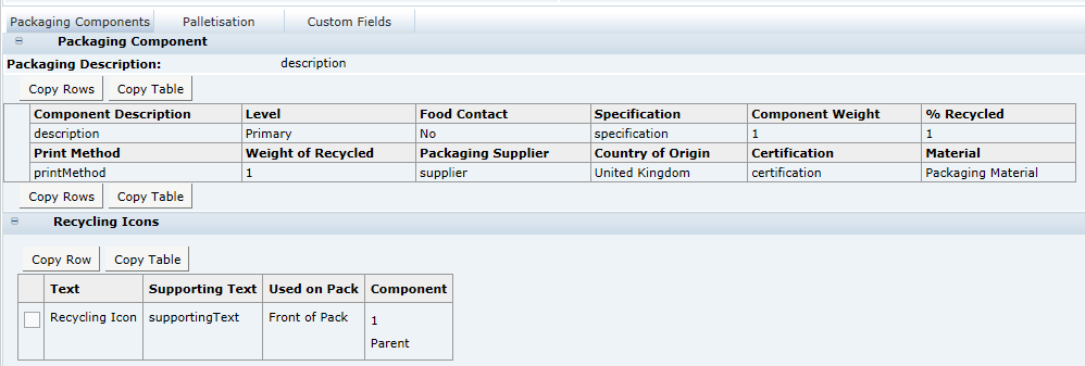 This shows the Food Specification Packaging Components.