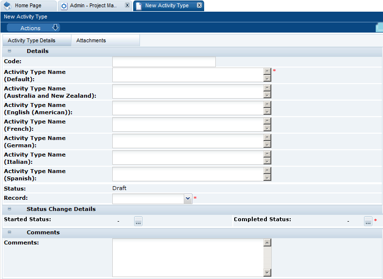This figure shows the New Activity Type page.