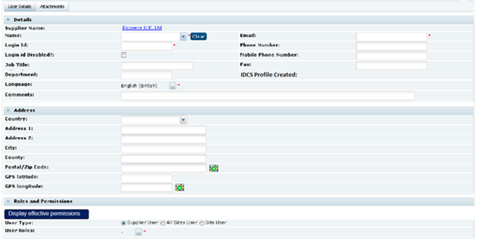 This figure shows the New User page for a Supplier user.