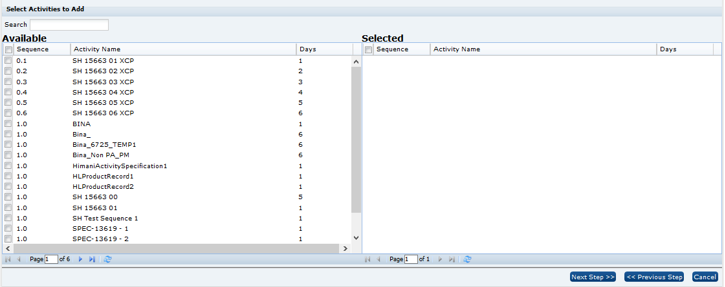 Select Activities to Add Select Activities to Add