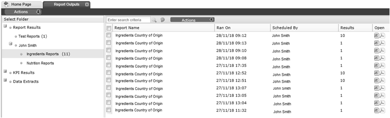 This figure shows the Report Outputs page.