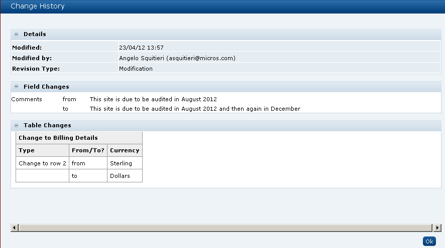 This figure shows the Change History for an entry page.