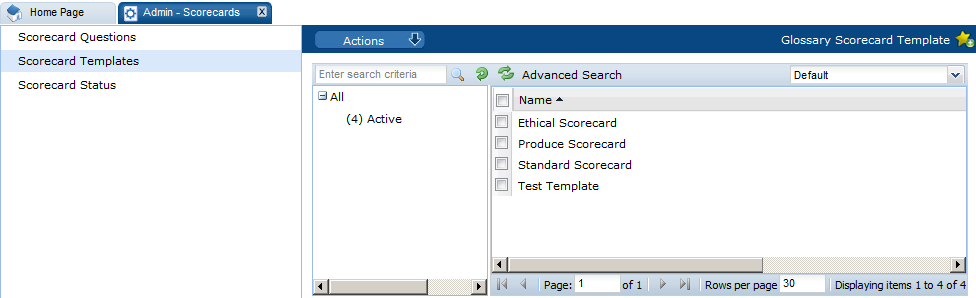This figure shows the Glossary Scorecard Templates page. This figure shows the Glossary Scorecard Templates page.