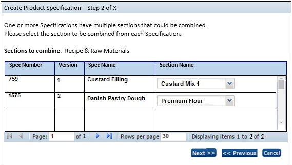 This figure shows the Select Specifiction Sections List page.