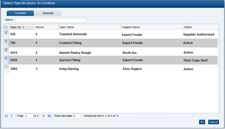 This figure shows the Select Specifications dialog box.