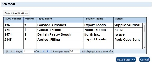 This figure shows the Selected Specifications List page.