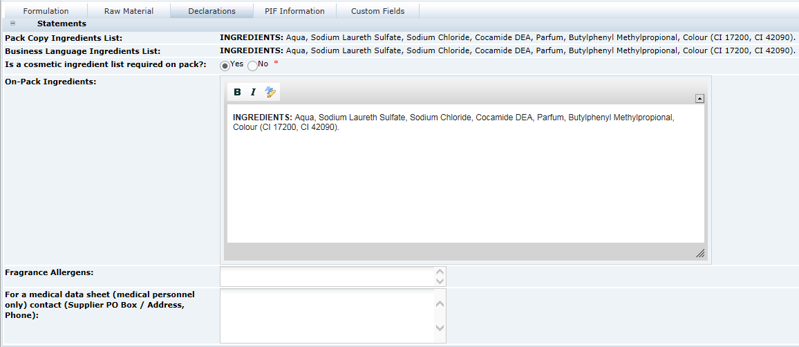 This figure shows the FNF Declarations page.