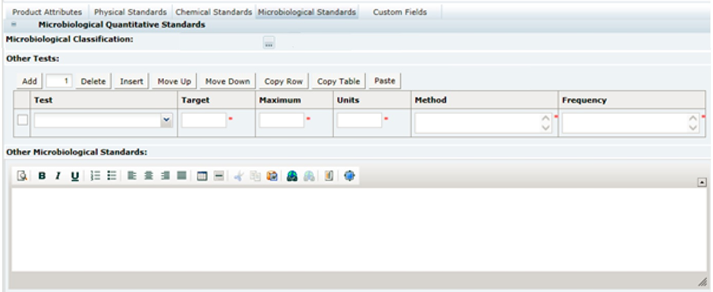 This figure shows the FNF Microbiological Standards page.