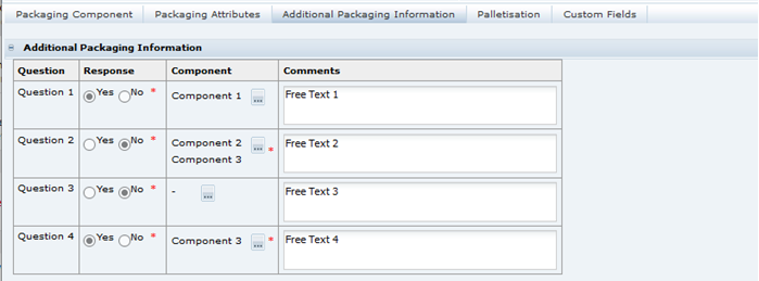 This shows the Food Specification Additional Packaging.