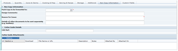 This shows the Food Specification Non Copy Information.