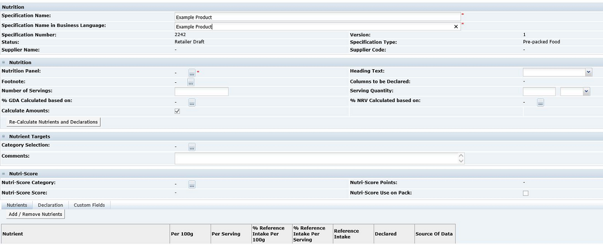 This figure shows the Food Specification Nutrition page.