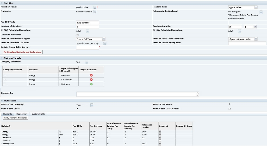 This figure shows the Food Specification Nutrition page for EU.