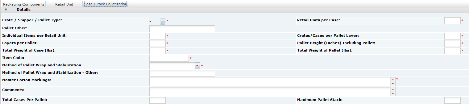 This figure shows the Food Specification Palletisation page.