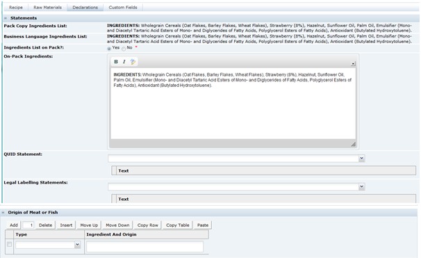 This figure shows the Food Specification Declarations page.