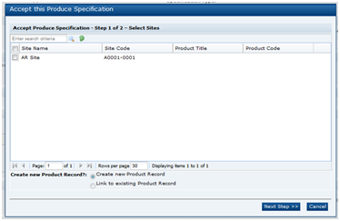 This figure shows the Accept Produce Specification step 1.