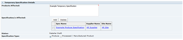 This figure shows the Temporary Specification Details page.