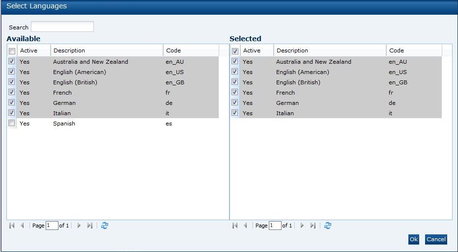 This figure shows the Select Languages dialog box.