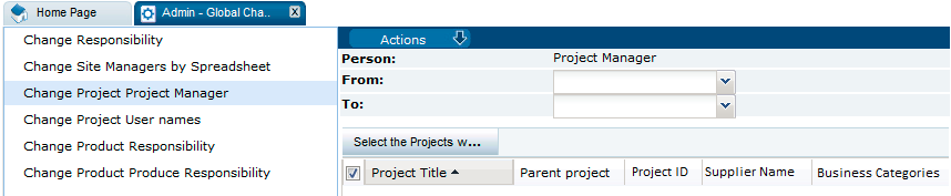 This figure shows the Change Project Project Manager page. This figure shows the Change Project Project Manager page.