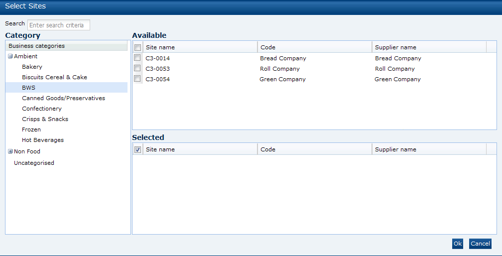 This figure shows the Select Sites dialog box.