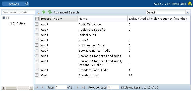 This figure shows the Audit/Visit Templates page.