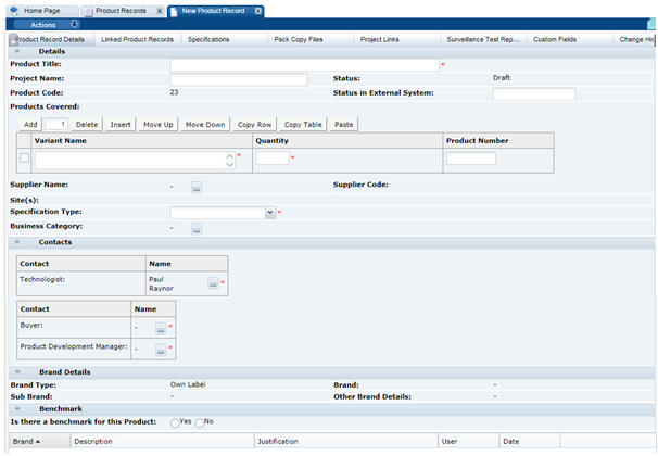 This figure shows the New Product Record page.