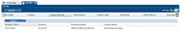 This figure shows the Product Record within Site page.