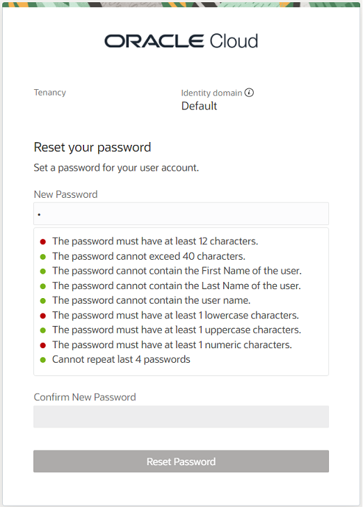 This figure shows the OCI IAM Reset Password page.