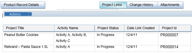 This figure shows Links to Projects within a Product Record.