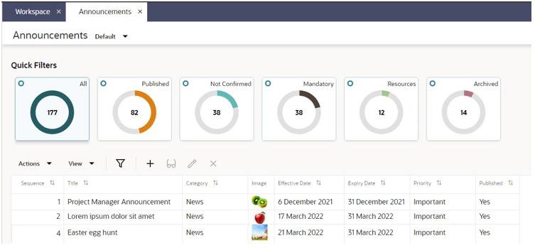 This image shows the Announcements page.