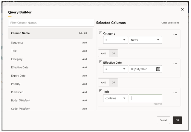 This image shows the query builder dialog box. This image shows the query builder dialog box.