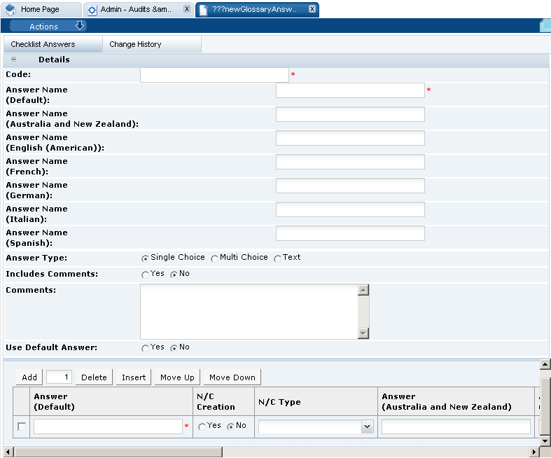 This figure shows the New Checklist Answer page.