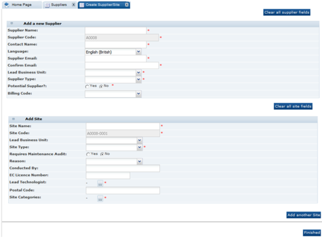 This figure shows the Create Supplier/Site page.