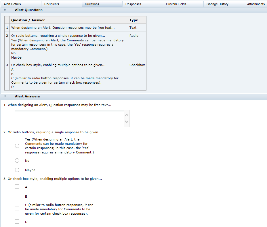 This figure shows the Alert Questions page.