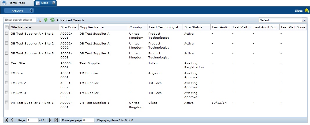 This figure shows the Sites page.