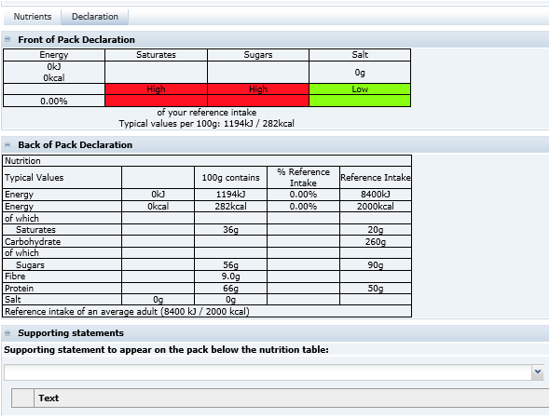 This figure shows the Food Specification Declarations page.